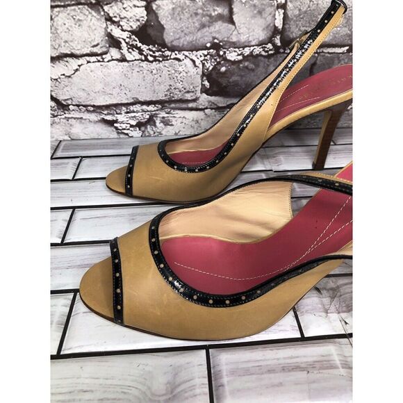 Kate Spade Camel Brown Black Patent Leather  Peep Toe Stiletto Heels Women Sz 8B - Picture 7 of 16